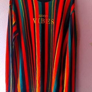 Retro Striped 'Good Vibes' Long Sleeve TShirt Multicolor Rainbow Vertical Stripe